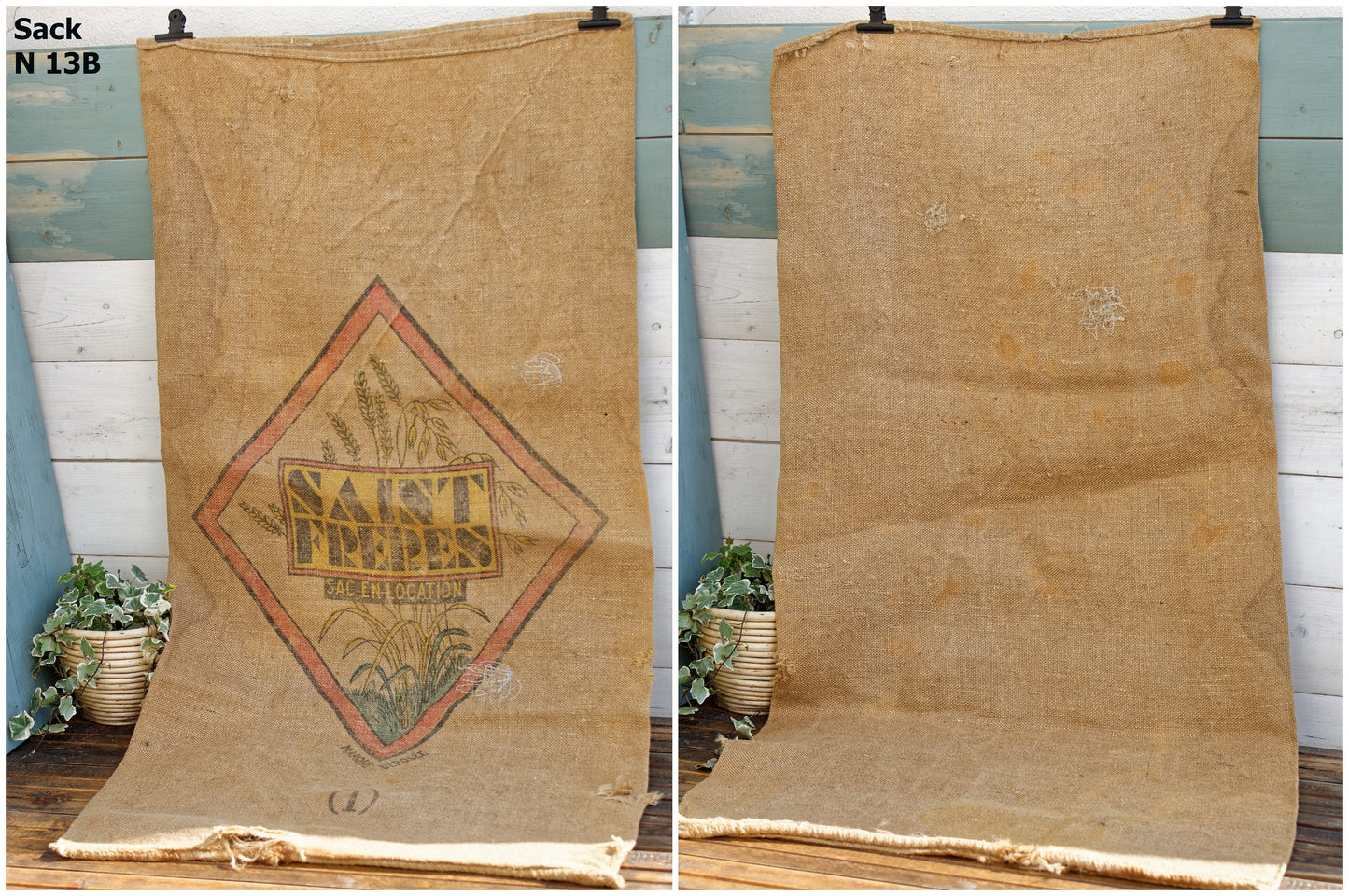 French Antique Grain Sack Farm Agricultural Advertising Jute Hessian Burlap Bag Tarn Saint Freres