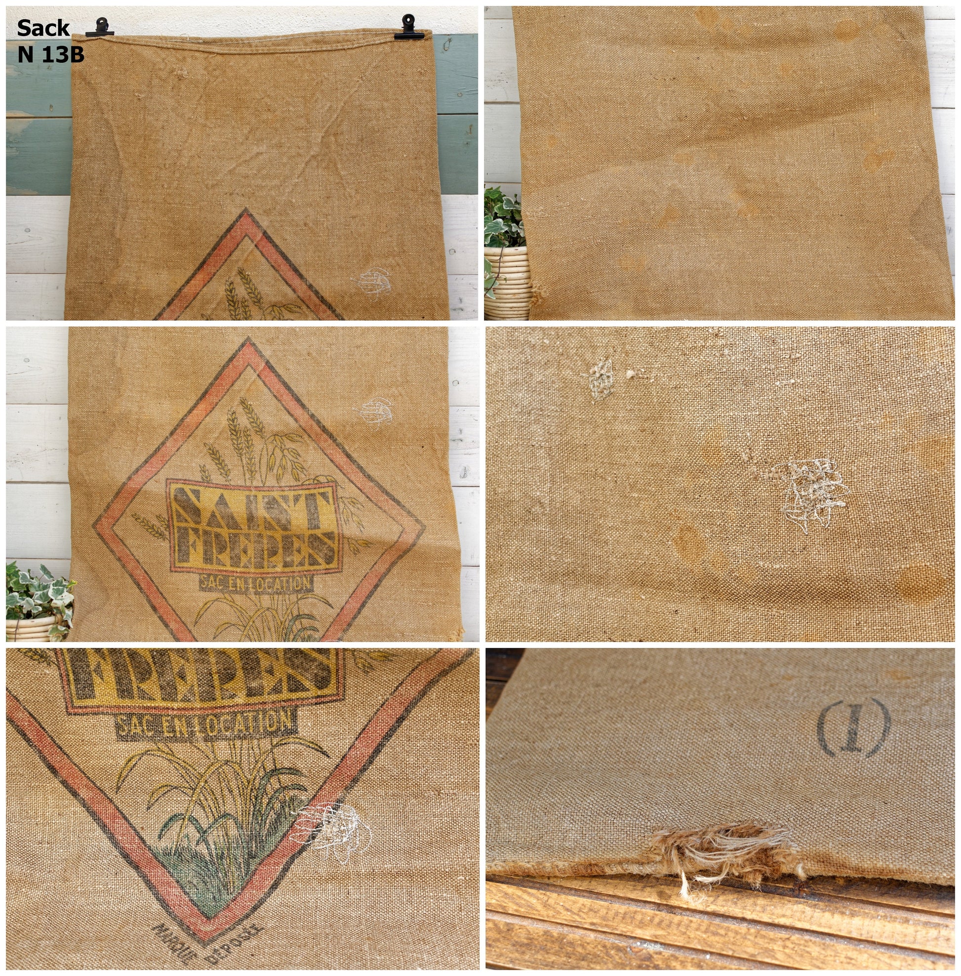 French Antique Grain Sack Farm Agricultural Advertising Jute Hessian Burlap Bag Tarn Saint Freres