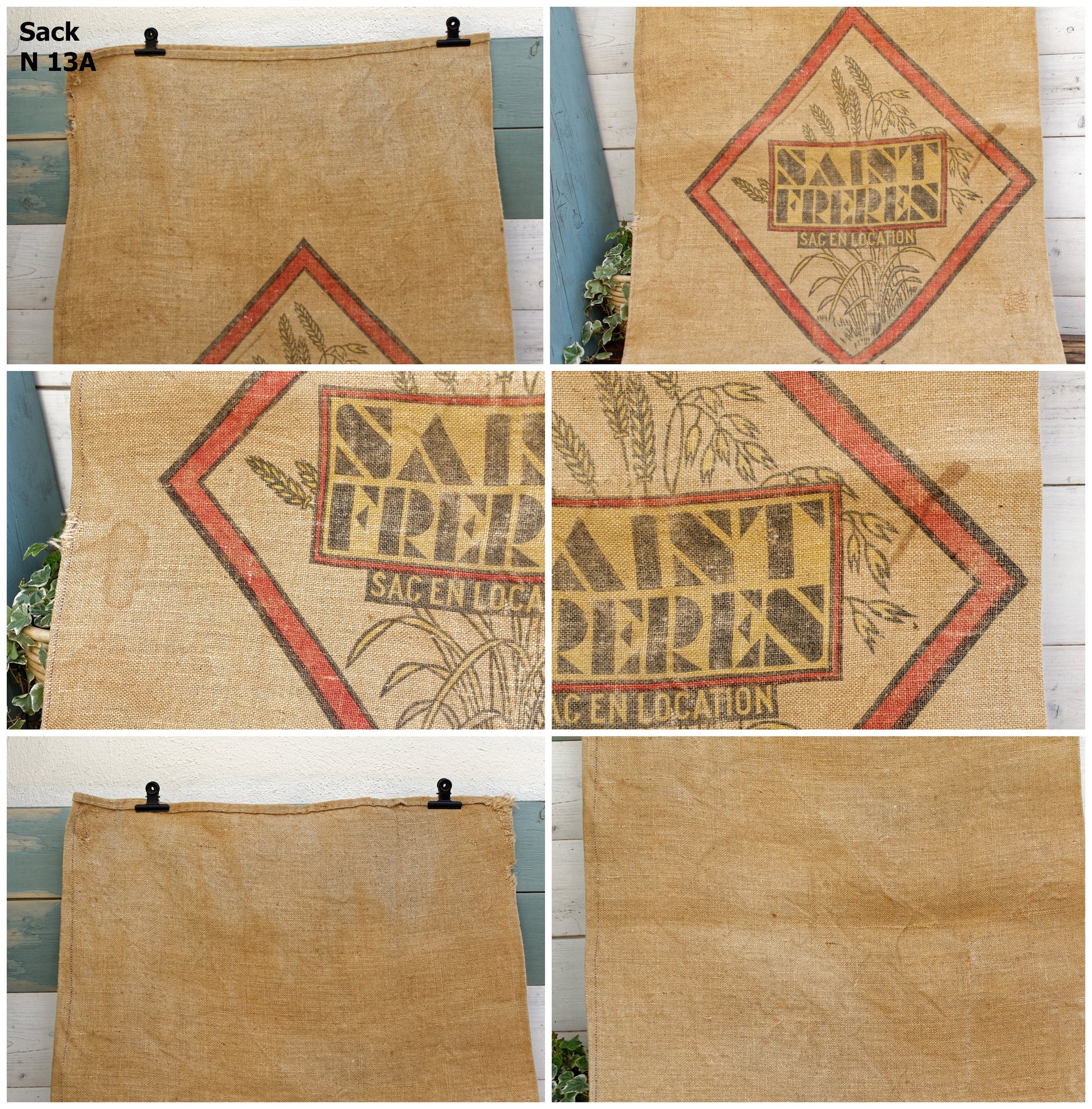 French Antique Grain Sack Farm Agricultural Advertising Jute Hessian Burlap Bag Tarn Saint Freres