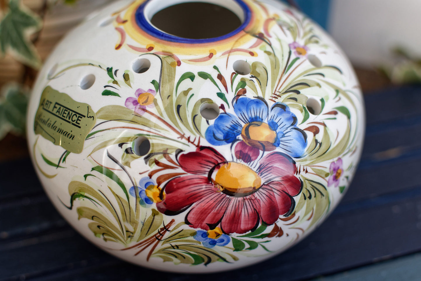 French Hand-Painted Ceramic Potpourri Pot Art-Faience Peint a la main