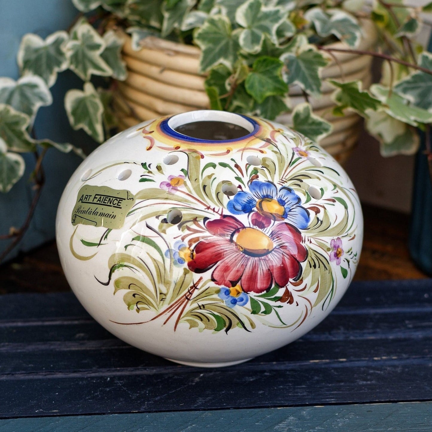 French Hand-Painted Ceramic Potpourri Pot Art-Faience Peint a la main