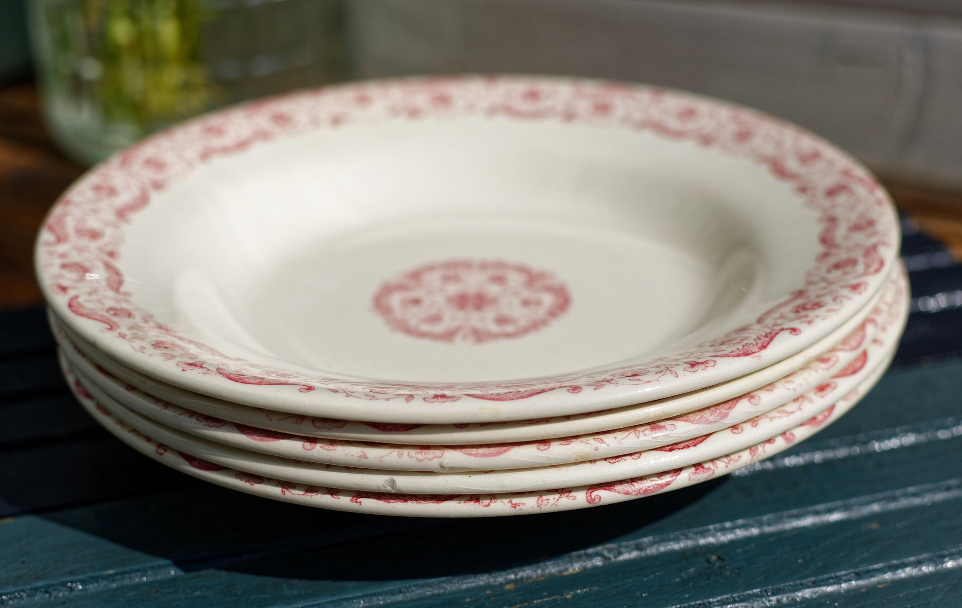 French Ironstone Red Transferware Soup Plate Porcelaine Opaque de GIEN Biarritz terre de fer