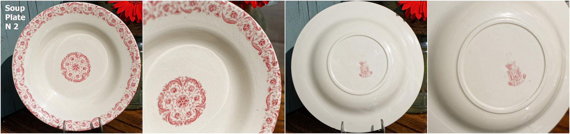 French Ironstone Red Transferware Soup Plate Porcelaine Opaque de GIEN Biarritz terre de fer