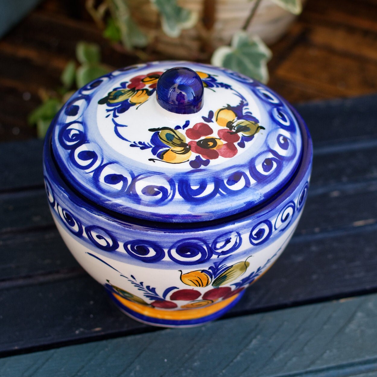 French Hand-Painted Faïence Porcelain Condiment Sauce Pot with Lid or Mustard Pot Peint a la Main