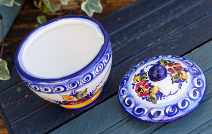 French Hand-Painted Faïence Porcelain Condiment Sauce Pot with Lid or Mustard Pot Peint a la Main