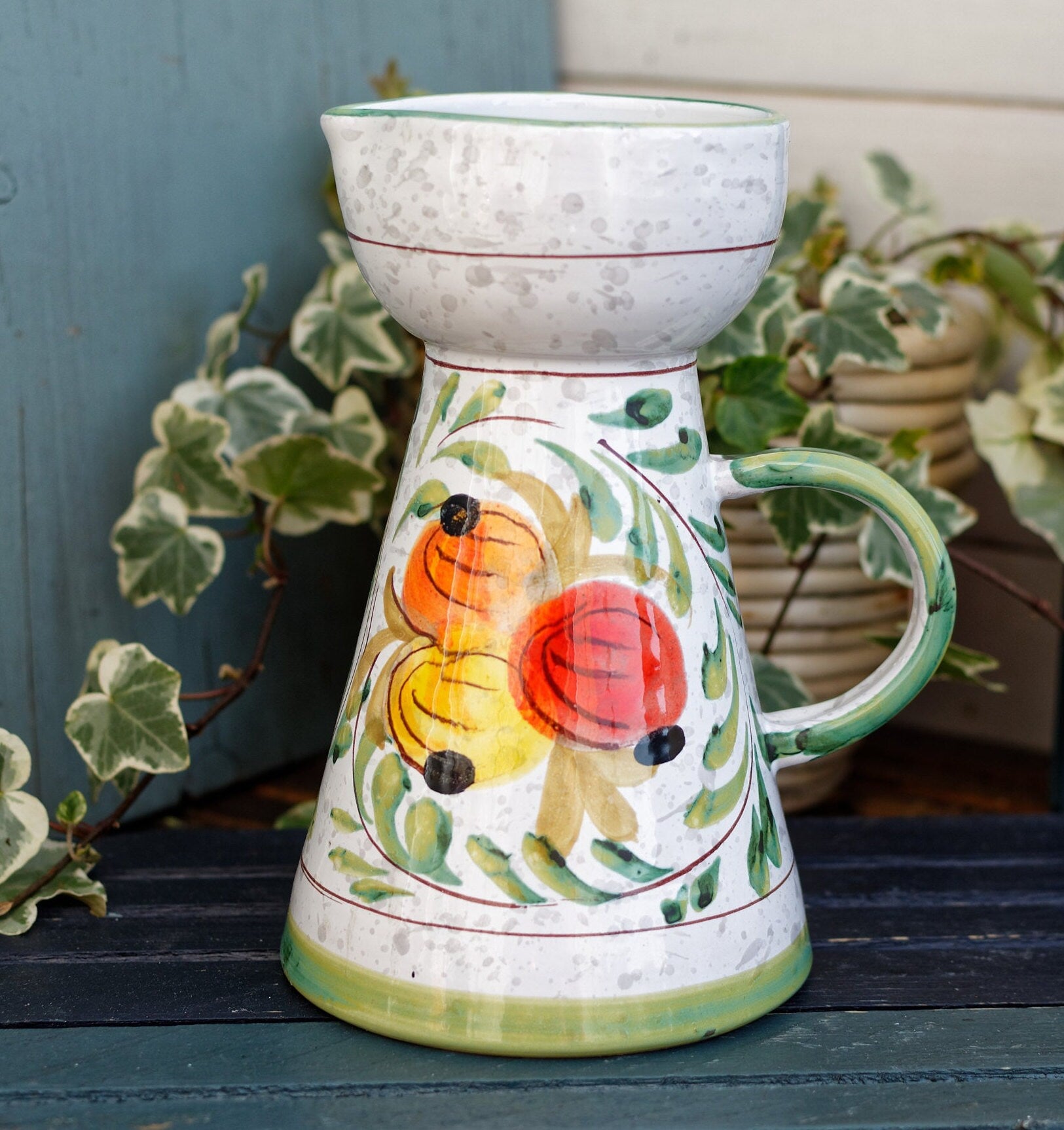 French Hand-Painted Porcelain Floral Pitcher Fait Main Art Faience