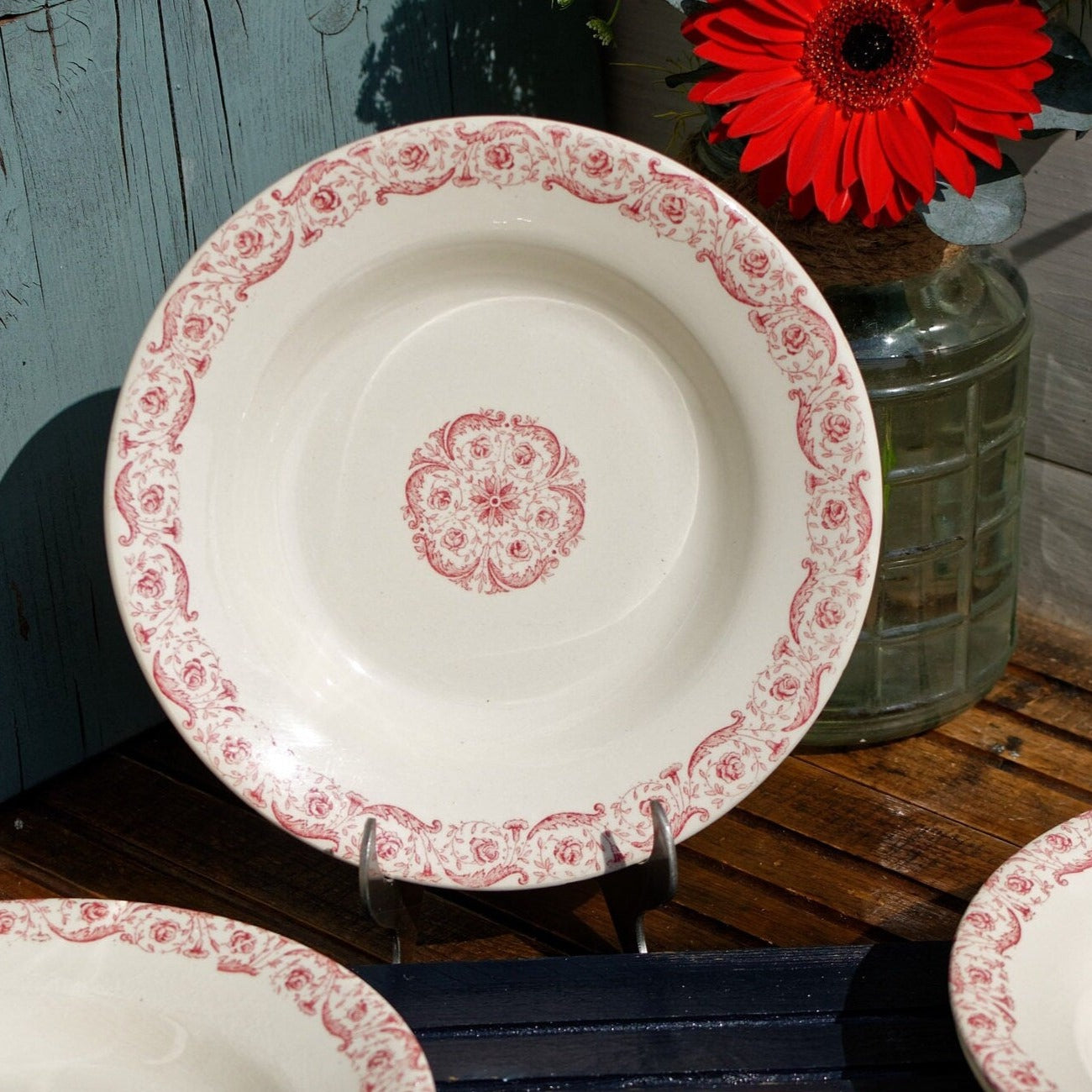 French Ironstone Red Transferware Soup Plate Porcelaine Opaque de GIEN Biarritz terre de fer