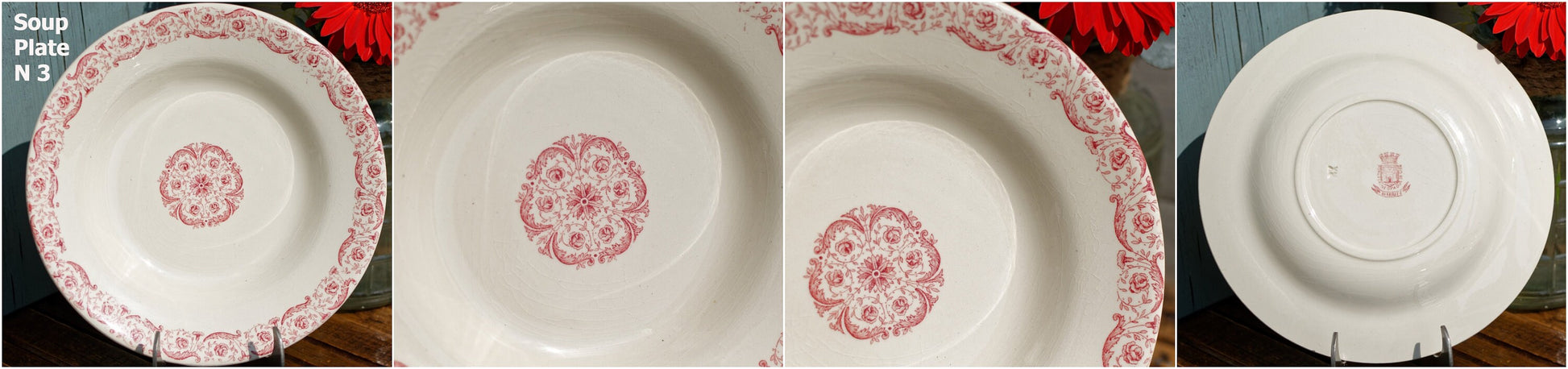 French Ironstone Red Transferware Soup Plate GIEN Biarritz terre de fer