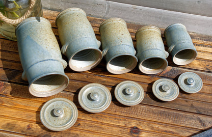 French Handmade Wood Fired Clay Pots Set of 5 Ceramic Lidded Jars 