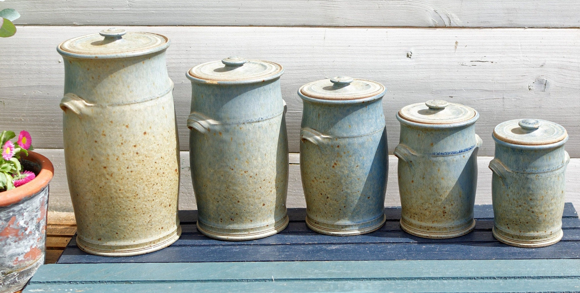 French Handmade Wood Fired Clay Pots Set of 5 Ceramic Lidded Jars 