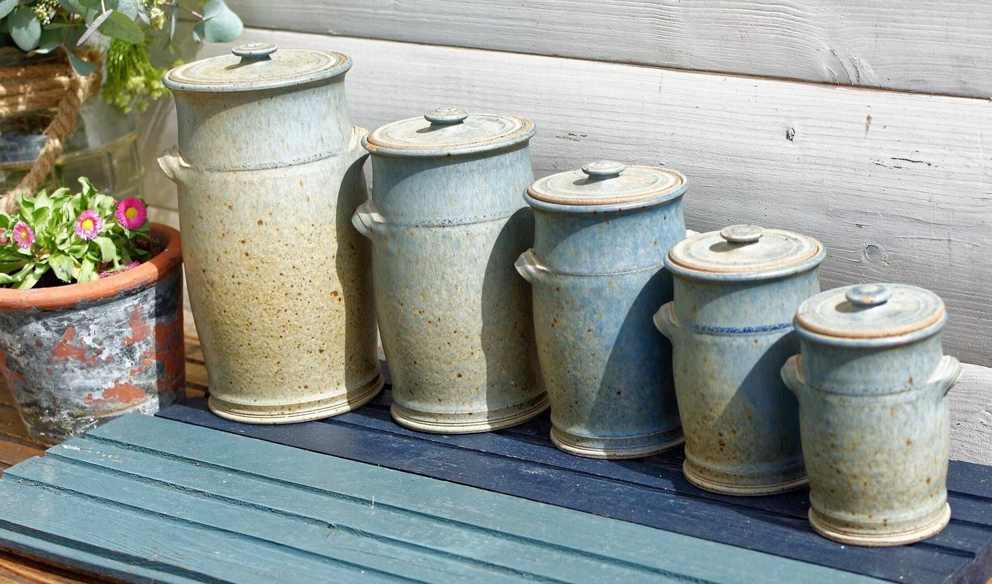 French Handmade Wood Fired Clay Pots Set of 5 Ceramic Lidded Jars 