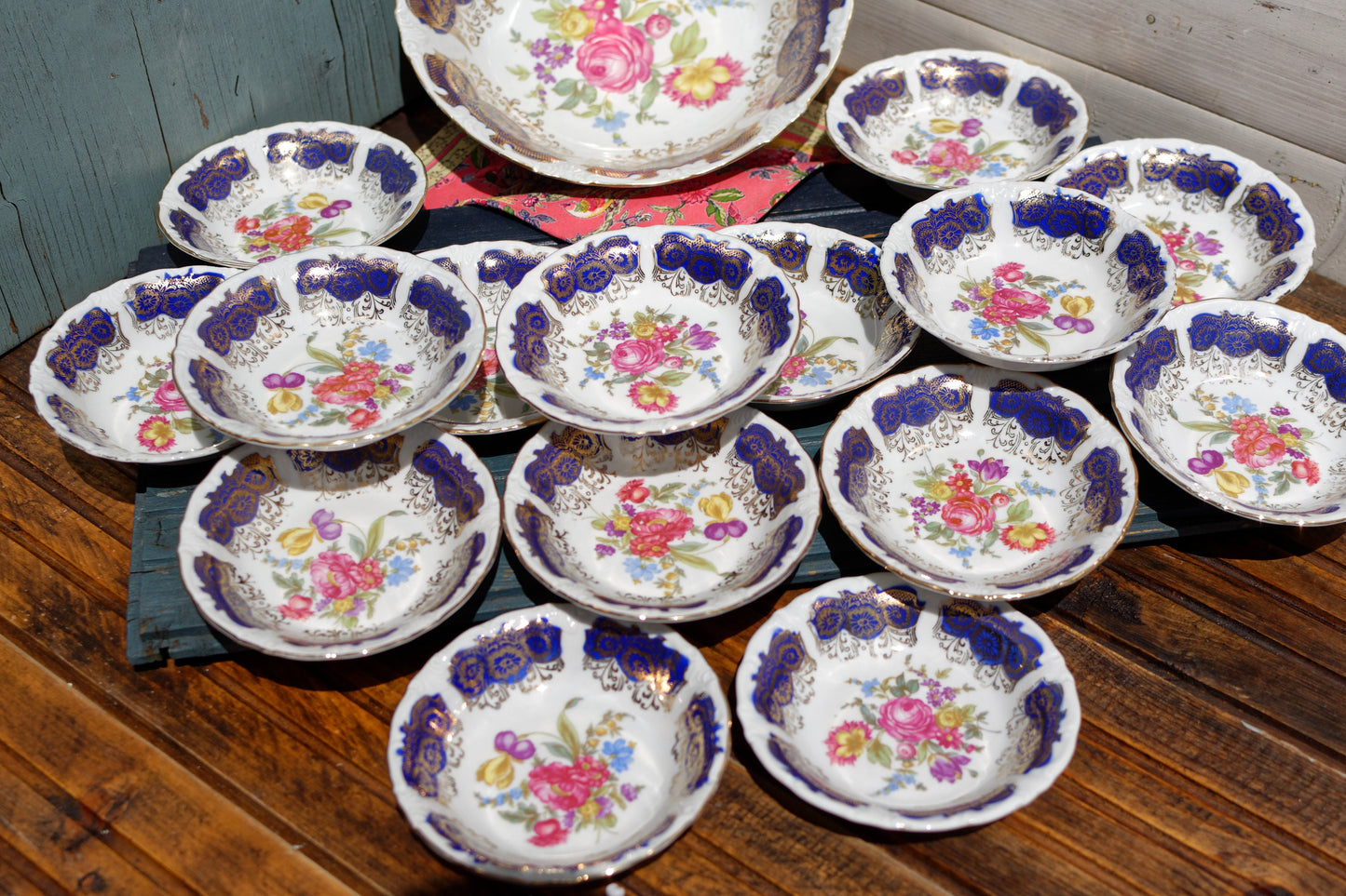 German Vintage Blue Cobalt Floral Porcelain Serving Set Bowls BAVARIA Fruit Service