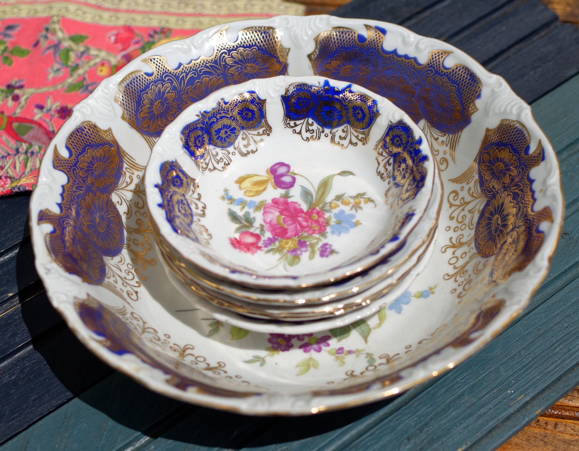 German Vintage Blue Cobalt Floral Porcelain Serving Set Bowls BAVARIA Fruit Service