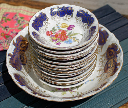 German Vintage Blue Cobalt Floral Porcelain Serving Set Bowls BAVARIA Fruit Service