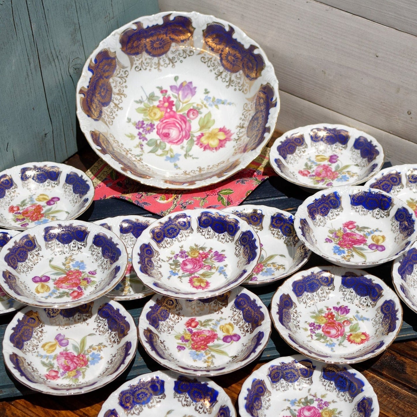 German Vintage Blue Cobalt Floral Porcelain Serving Set Bowls BAVARIA Fruit Service 