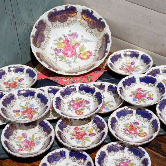 German Vintage Blue Cobalt Floral Porcelain Serving Set Bowls BAVARIA Fruit Service 