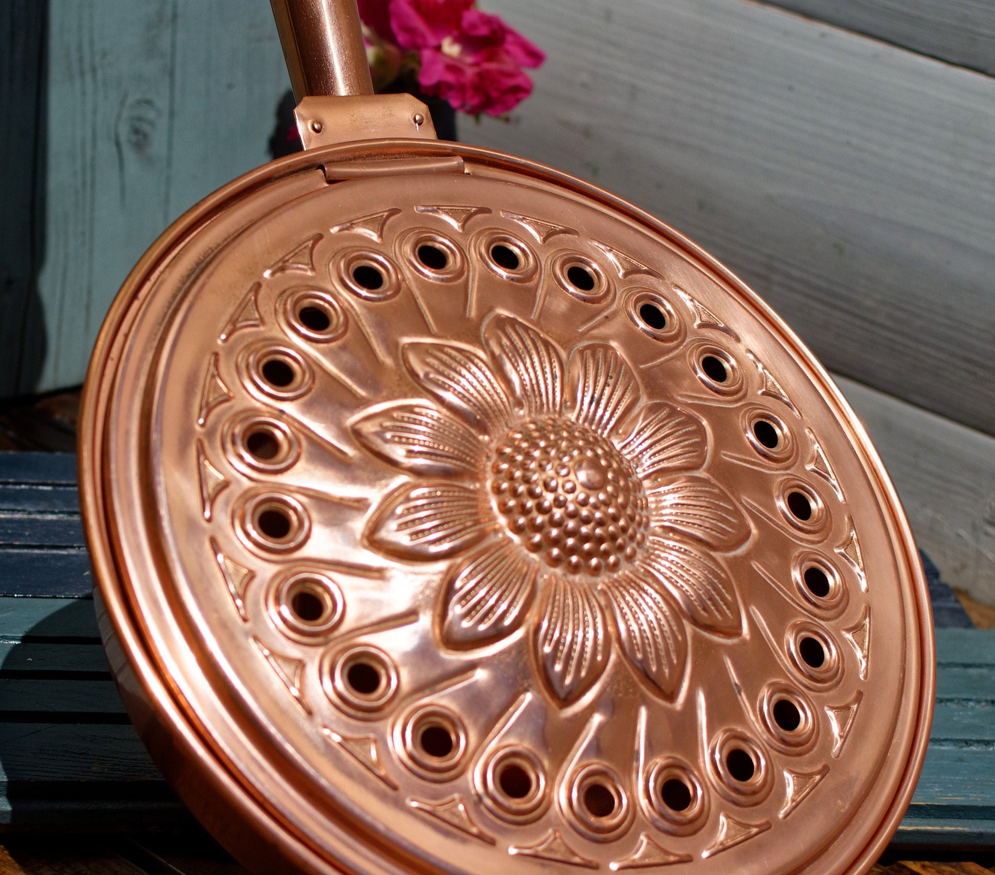 French Vintage Copper Bed Warmer L. (Lucien) Lecellier Villedieu chaudronnerie Bassinoire Chauffe Lit En Cuivre