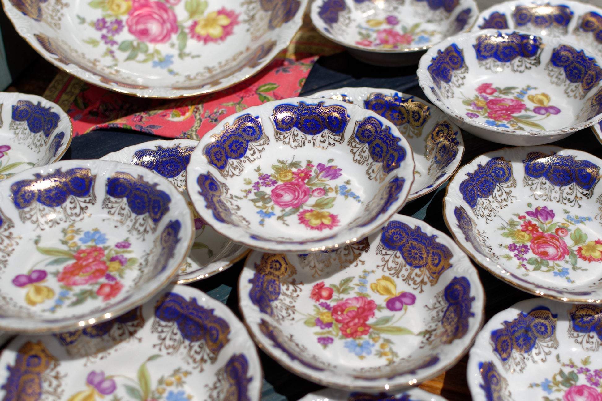 German Vintage Blue Cobalt Floral Porcelain Serving Set Bowls BAVARIA Fruit Service