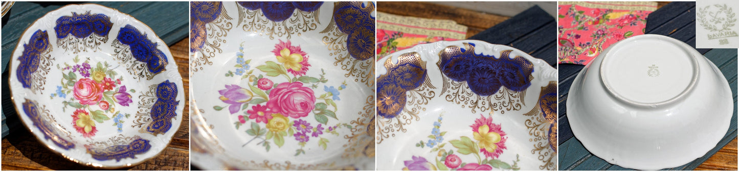 German Vintage Blue Cobalt Floral Porcelain Serving Set Bowls BAVARIA Fruit Service