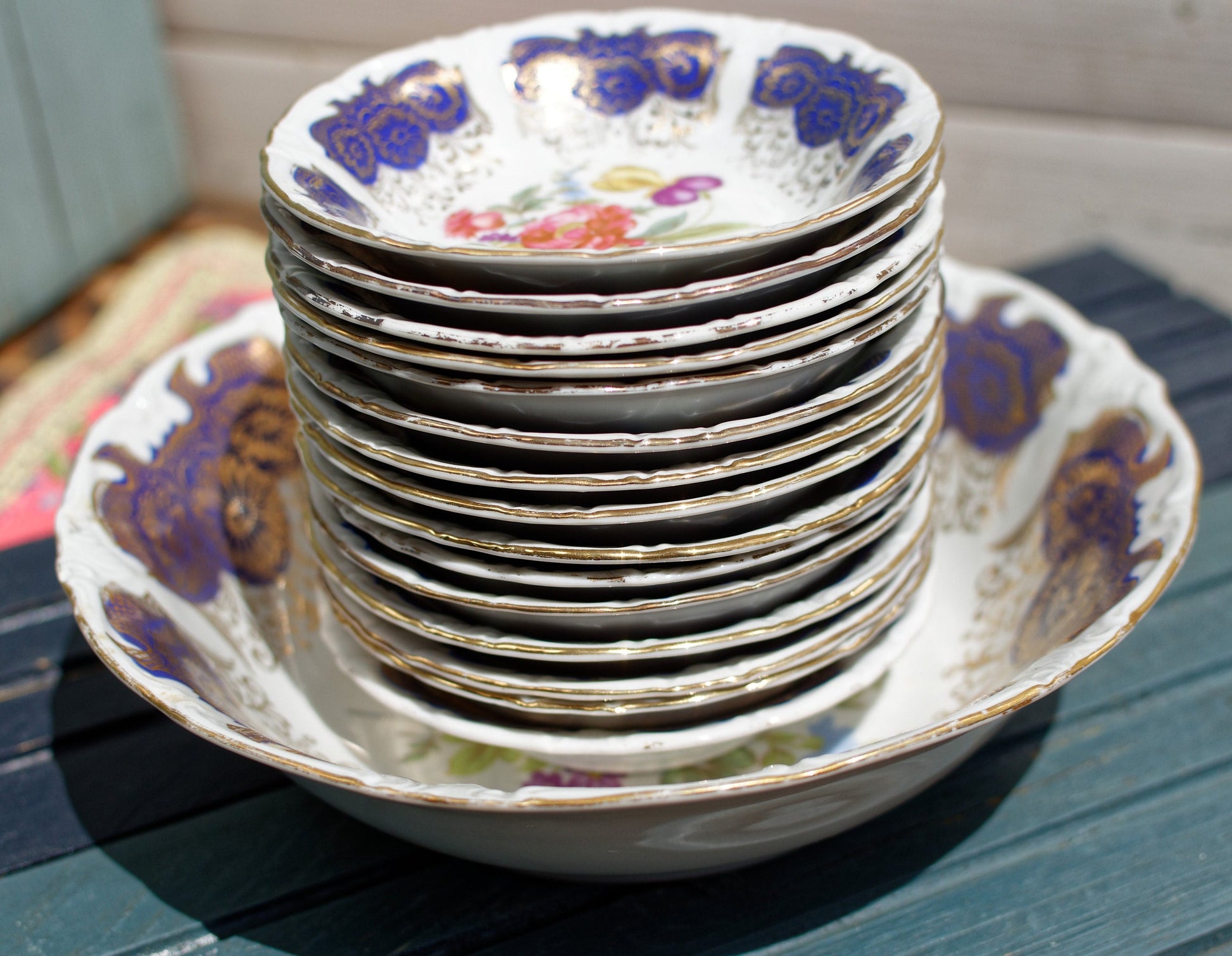 German Vintage Blue Cobalt Floral Porcelain Serving Set Bowls BAVARIA Fruit Service