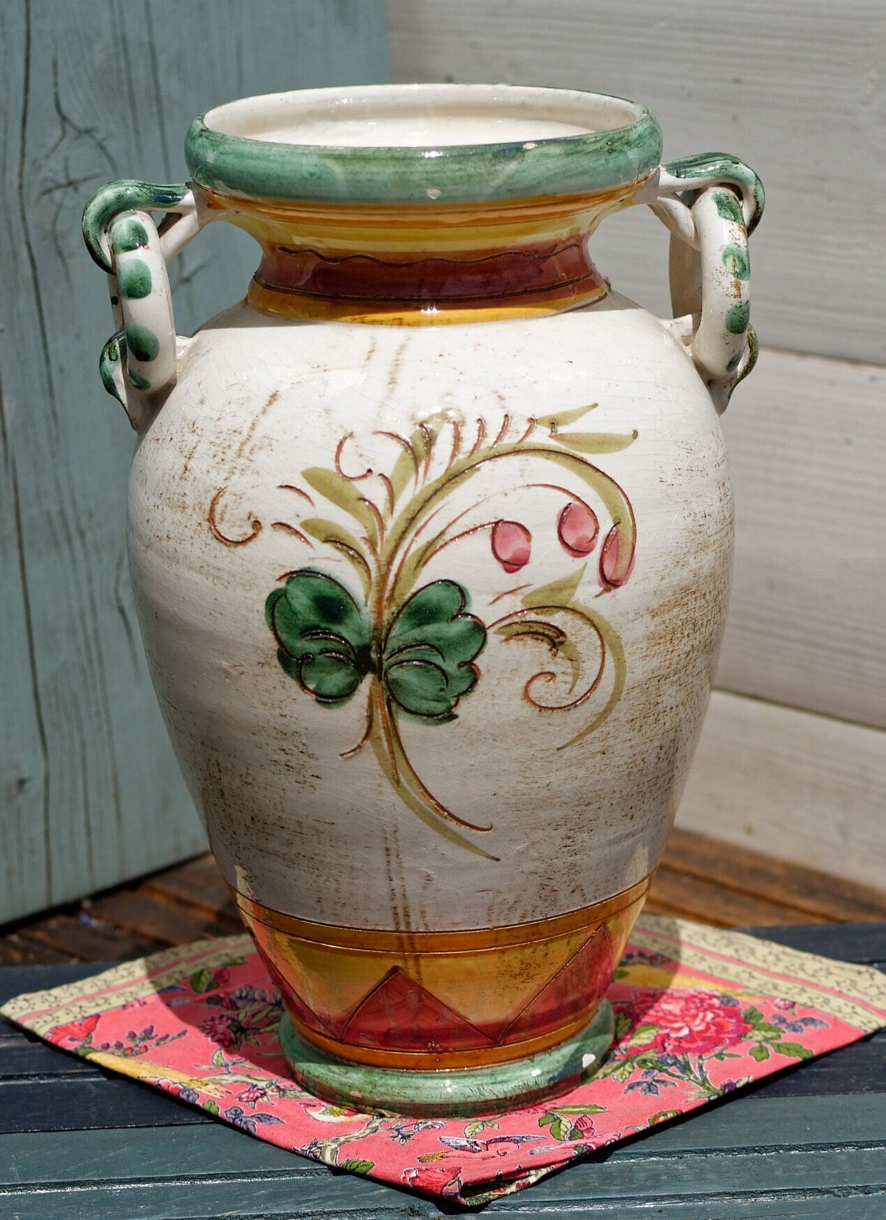 French Stoneware Cerart style Monaco themed Floral Vase Made in France