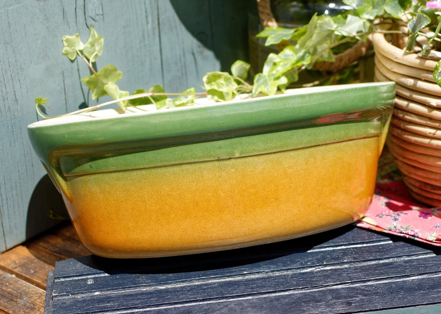 French Vintage "CERIMPORT" Glazed Ceramic Stoneware Oval Casserole Dish ~ Orange & Yellow Enameled Gratin Pan