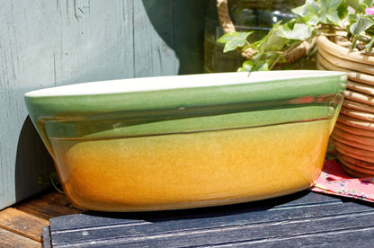 French Vintage "CERIMPORT" Glazed Ceramic Stoneware Oval Casserole Dish ~ Orange & Yellow Enameled Gratin Pan