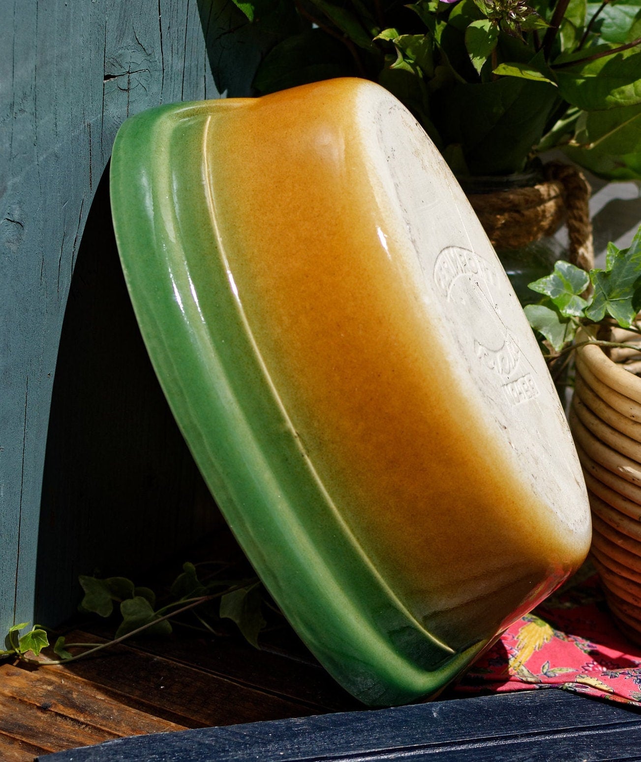 French Vintage "CERIMPORT" Glazed Ceramic Stoneware Oval Casserole Dish ~ Orange & Yellow Enameled Gratin Pan