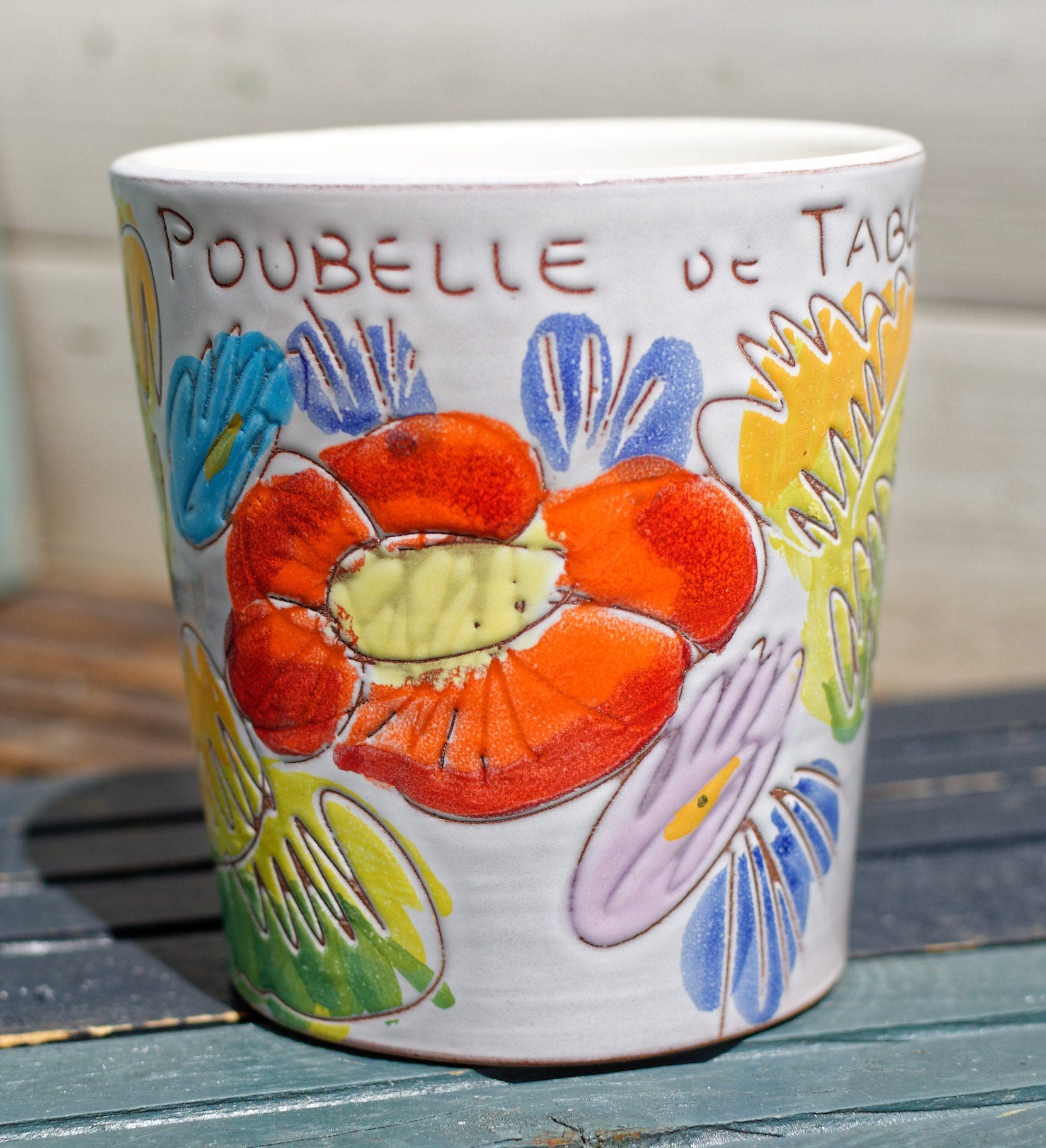 French Vintage Hand-Painted PORCELAIN table bin pot Poubelle de Table