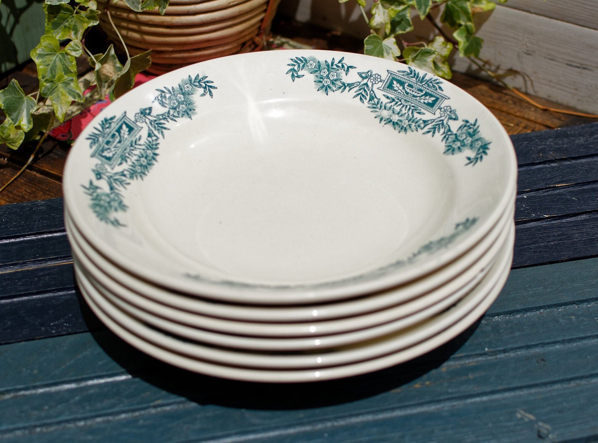 French Ironstone Green Transferware Soup Plate LUTUCE LONGCHAMP Terre de Fer