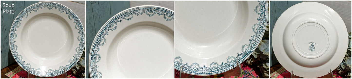 1910s ~ French Antique Ironstone Teal TRANSFERWARE Dinner Plate ~  Léon Graves 'LG' Clairefontaine ~ 'Recamier' Pattern ~ Terre de fer ~ Ironstone