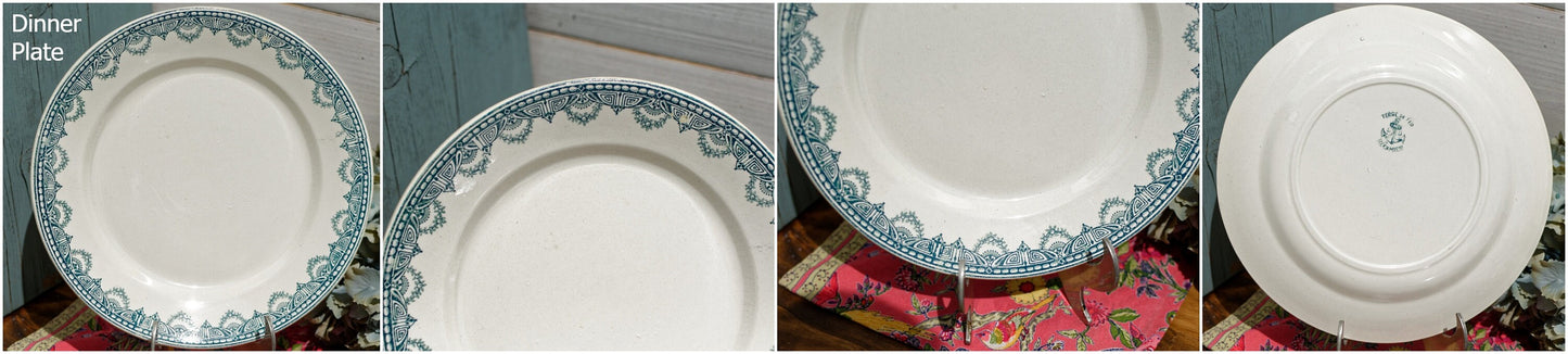 1910s ~ French Antique Ironstone Teal TRANSFERWARE Dinner Plate ~  Léon Graves 'LG' Clairefontaine ~ 'Recamier' Pattern ~ Terre de fer ~ Ironstone