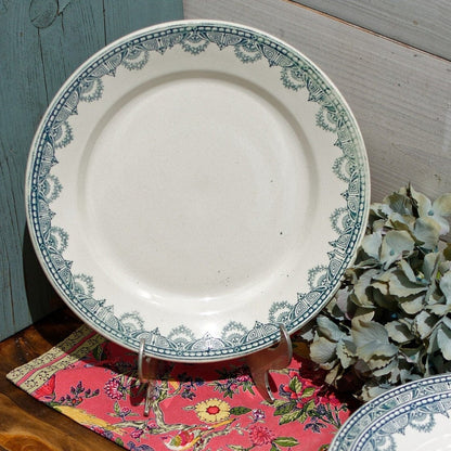 1910s ~ French Antique Ironstone Teal TRANSFERWARE Dinner Plate ~  Léon Graves 'LG' Clairefontaine ~ 'Recamier' Pattern ~ Terre de fer ~ Ironstone