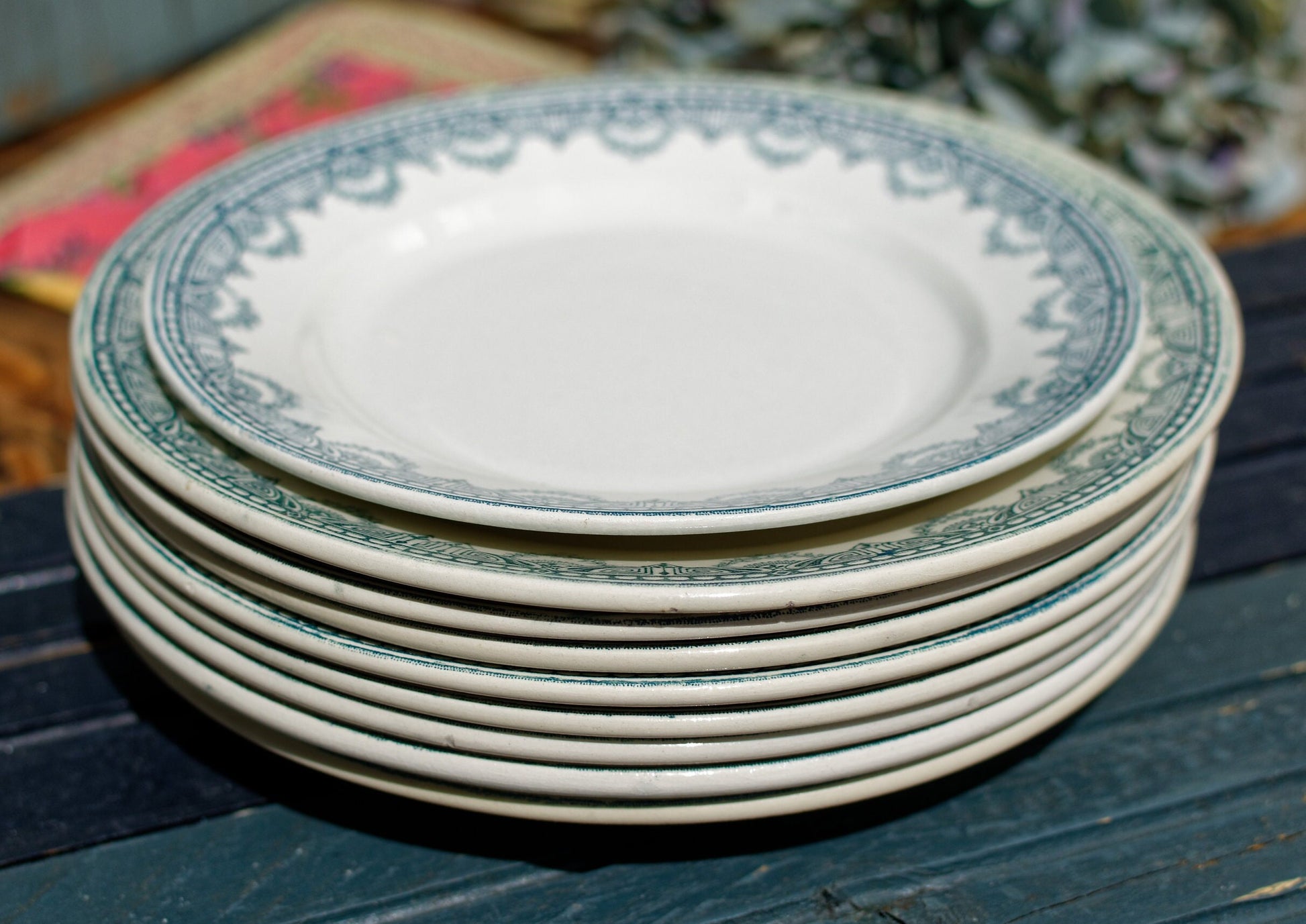 1910s ~ French Antique Ironstone Teal TRANSFERWARE Dinner Plate ~  Léon Graves 'LG' Clairefontaine ~ 'Recamier' Pattern ~ Terre de fer ~ Ironstone