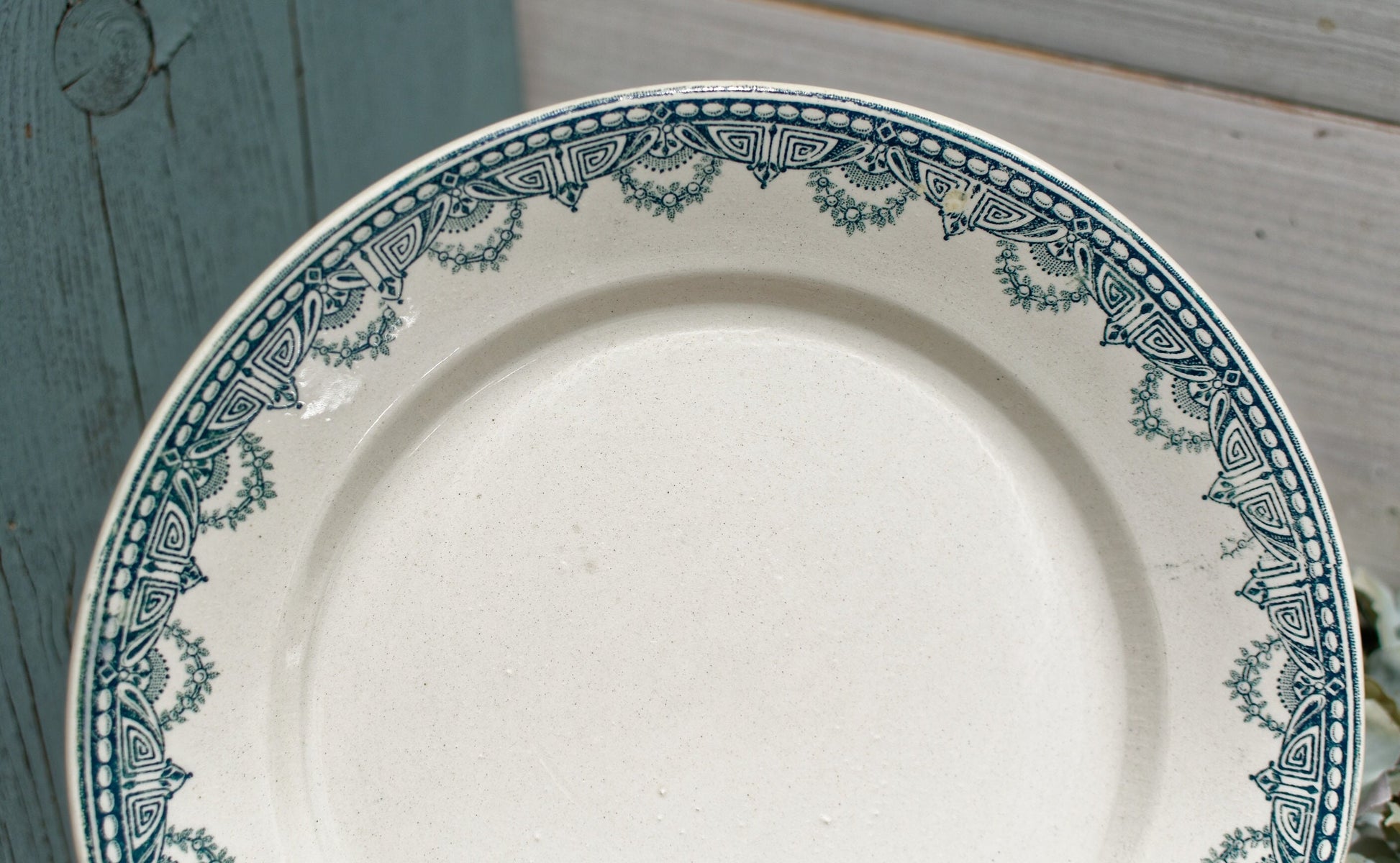 1910s ~ French Antique Ironstone Teal TRANSFERWARE Dinner Plate ~  Léon Graves 'LG' Clairefontaine ~ 'Recamier' Pattern ~ Terre de fer ~ Ironstone