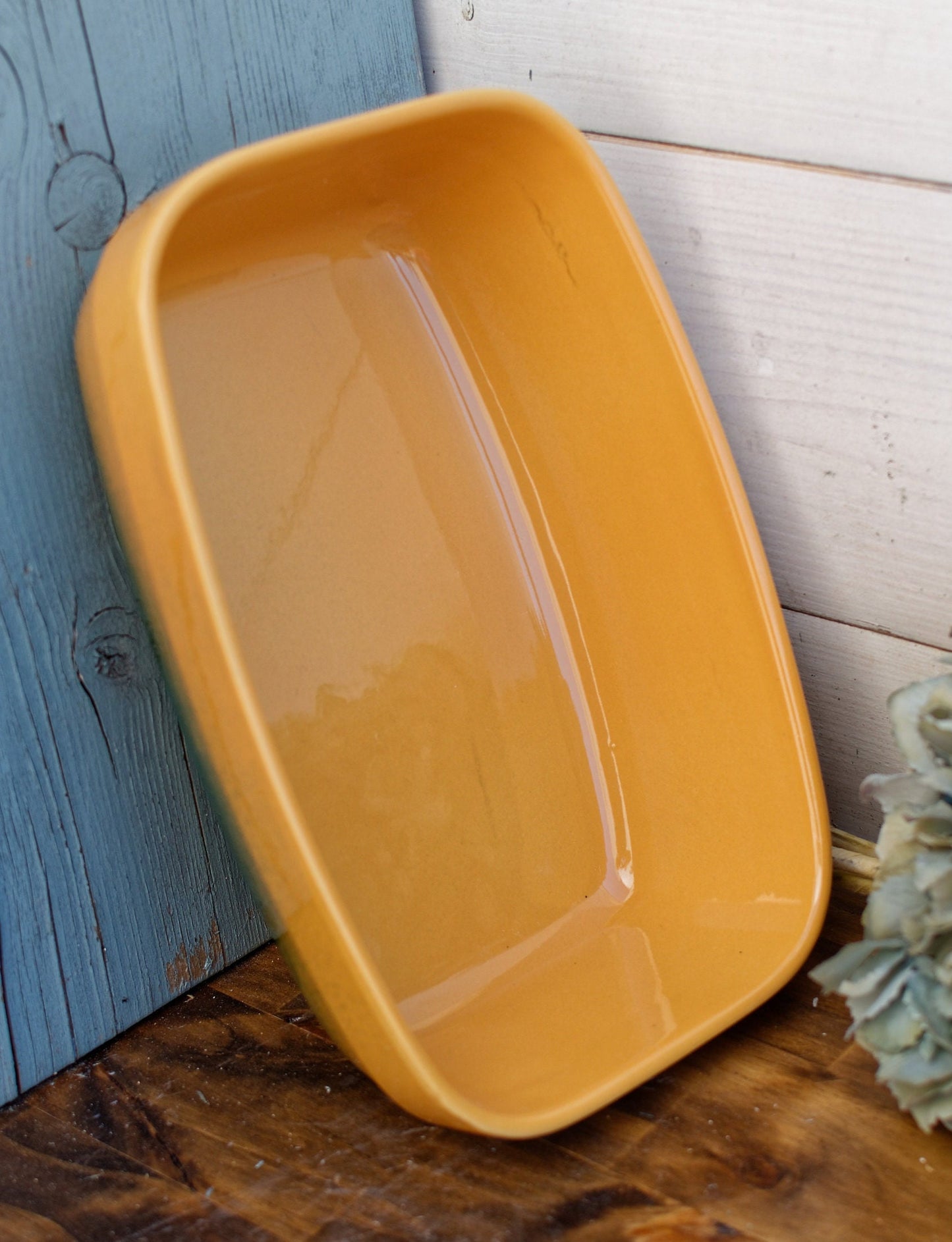 フランスヴィンテージ「EMILE HENRY Bakeware」釉薬をかけたセラミックストーンウェア長方形キャセロールディッシュ〜イエロー＆グリーンエナメルグラタンパン