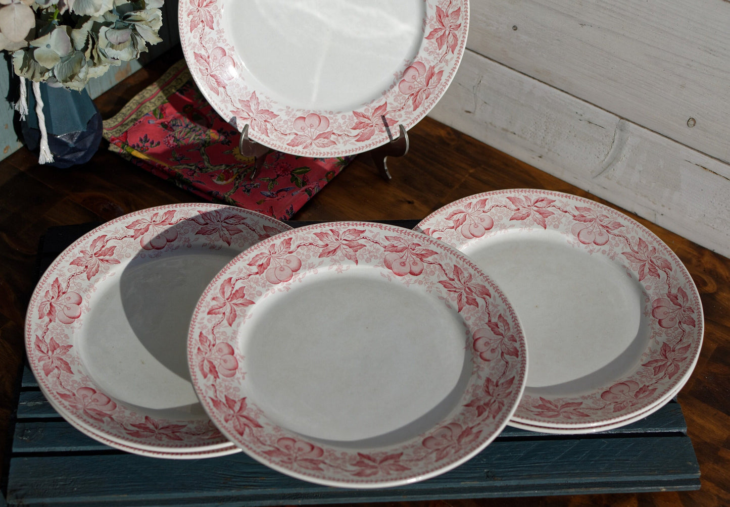 French Ironstone Red Transferware Dinner Plate CERISES Motif FT  (Fenal Theophile) Badonviller France Terre de Fer