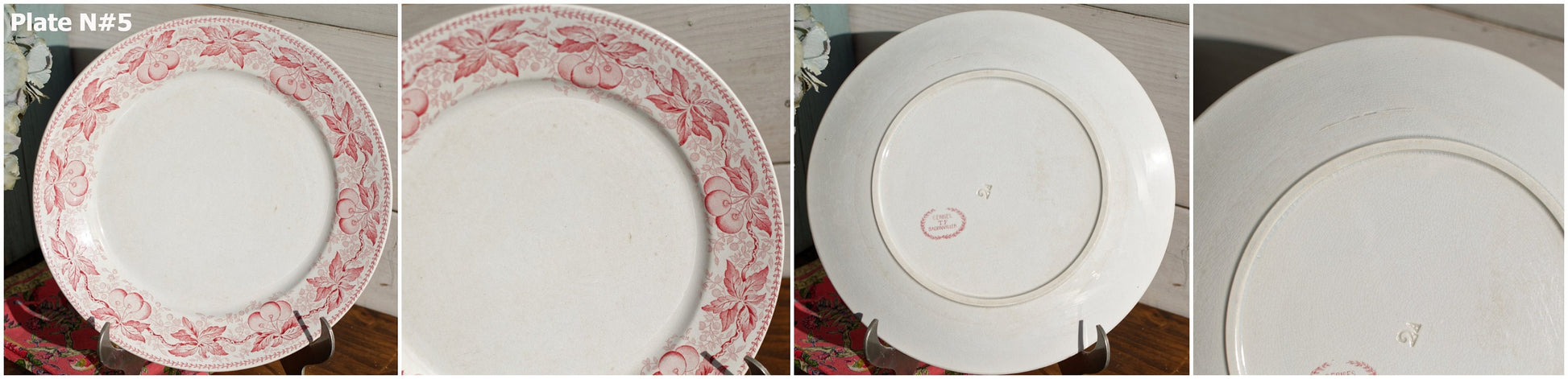 French Ironstone Red Transferware Dinner Plate CERISES Motif FT  (Fenal Theophile) Badonviller France Terre de Fer