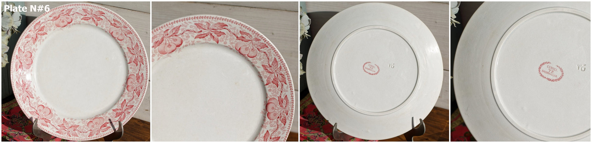 French Ironstone Red Transferware Dinner Plate CERISES Motif FT  (Fenal Theophile) Badonviller France Terre de Fer