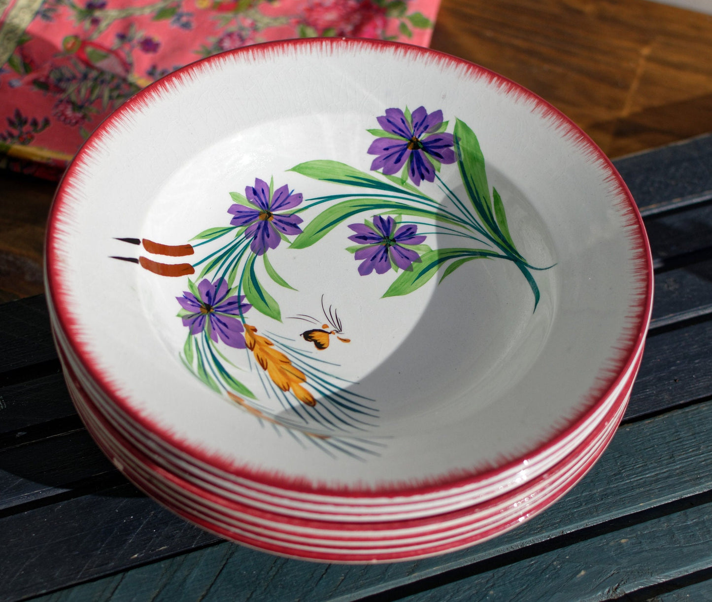 French Ironstone Hand-Painted Floral Soup Plate Earthware (Faïenceries) Opaque de Sarreguemines Terre de Fer