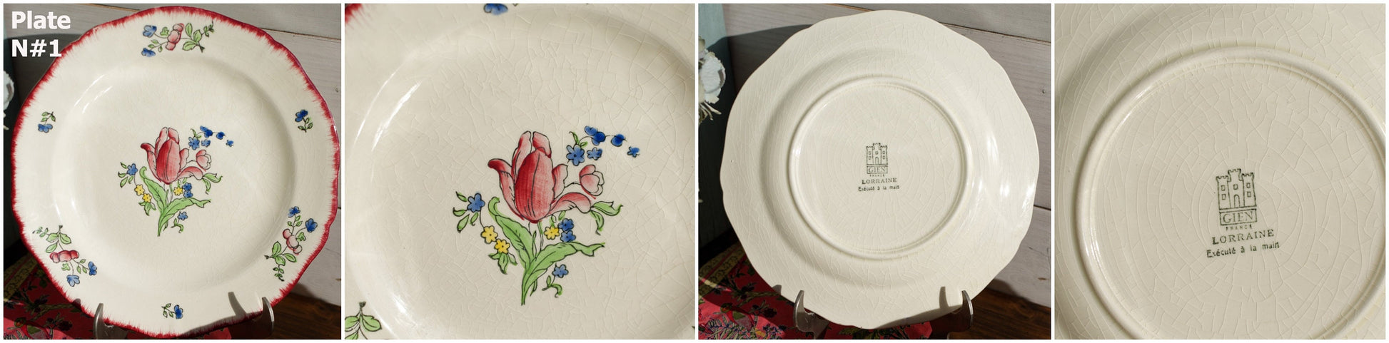 French Ironstone Hand-Painted Dinner Plate GIEN France Lorraine decor a la main red roses pattern Terre de Fer