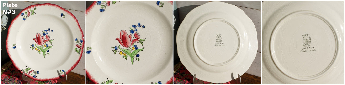 French Ironstone Hand-Painted Dinner Plate GIEN France Lorraine decor a la main red roses pattern Terre de Fer