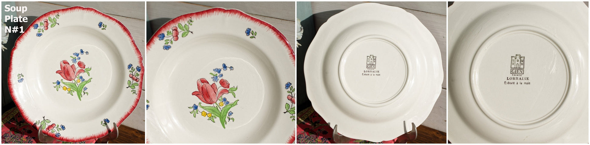 French Ironstone Hand-Painted Soup Plate GIEN France Lorraine decor a la main red roses pattern Terre de Fer