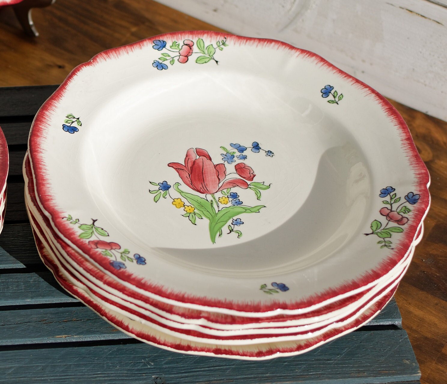 French Ironstone Hand-Painted Soup Plate GIEN France Lorraine decor a la main red roses pattern Terre de Fer