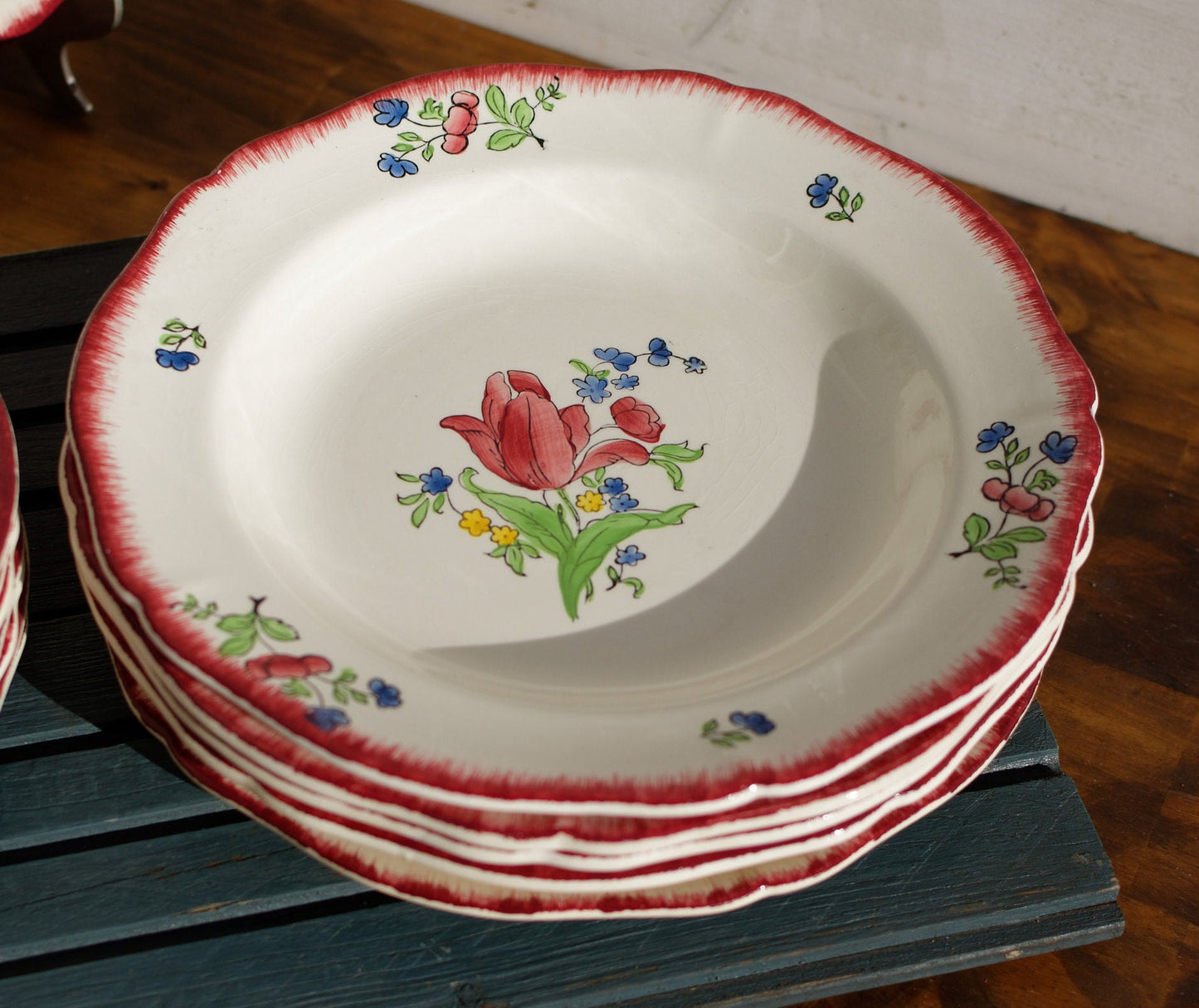 French Ironstone Hand-Painted Soup Plate GIEN France Lorraine decor a la main red roses pattern Terre de Fer