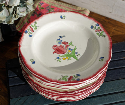 French Ironstone Hand-Painted Soup Plate GIEN France Lorraine decor a la main red roses pattern Terre de Fer