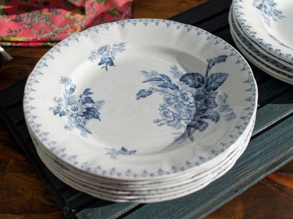 French Antique Ironstone Blue Transferware Dinner Plate FLORE Sarreguemines U&C Terre de fer