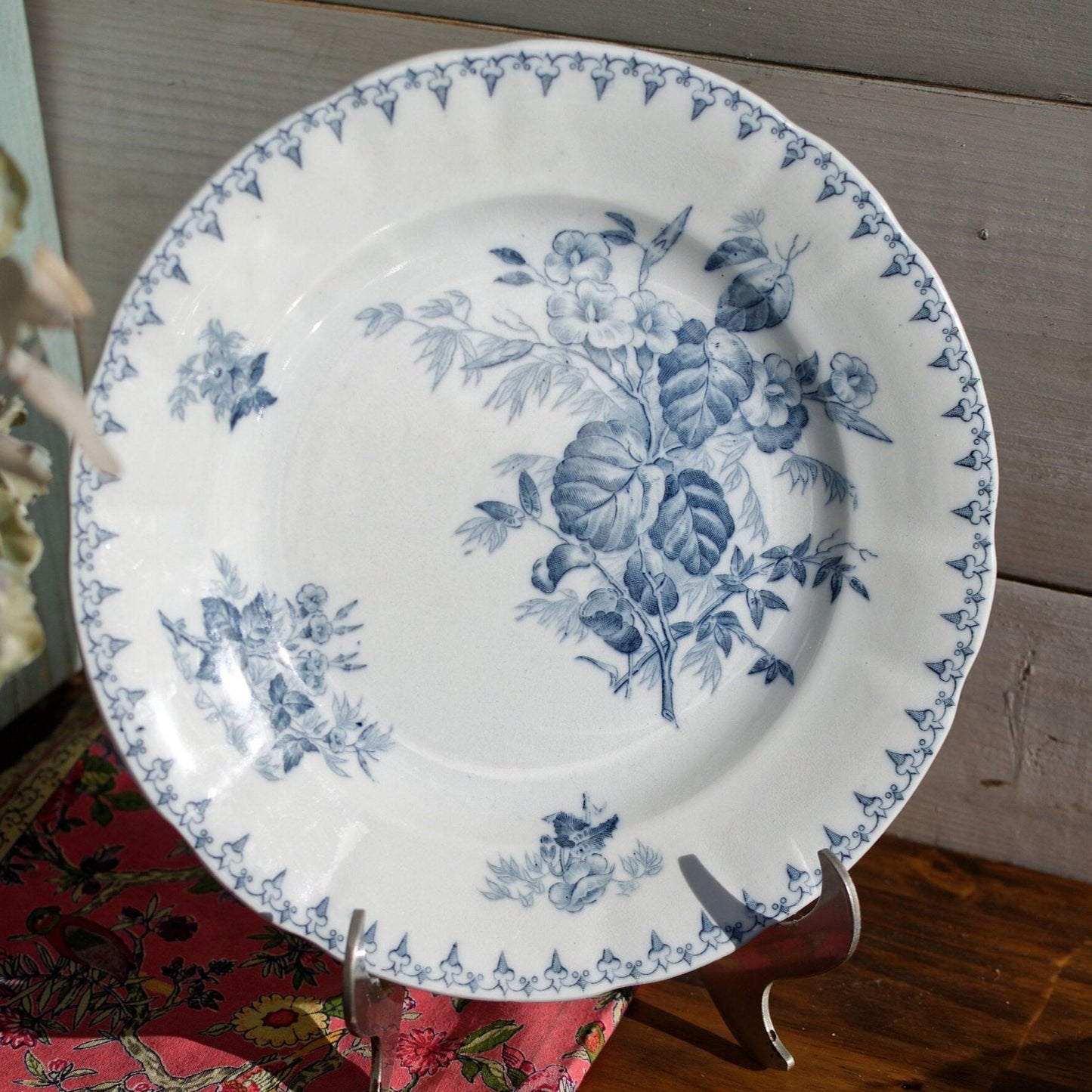 French Antique Ironstone Blue Transferware Dinner Plate FLORE Sarreguemines U&C Terre de fer