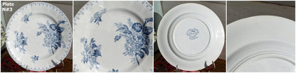 French Antique Ironstone Blue Transferware Dinner Plate FLORE Sarreguemines U&C Terre de fer