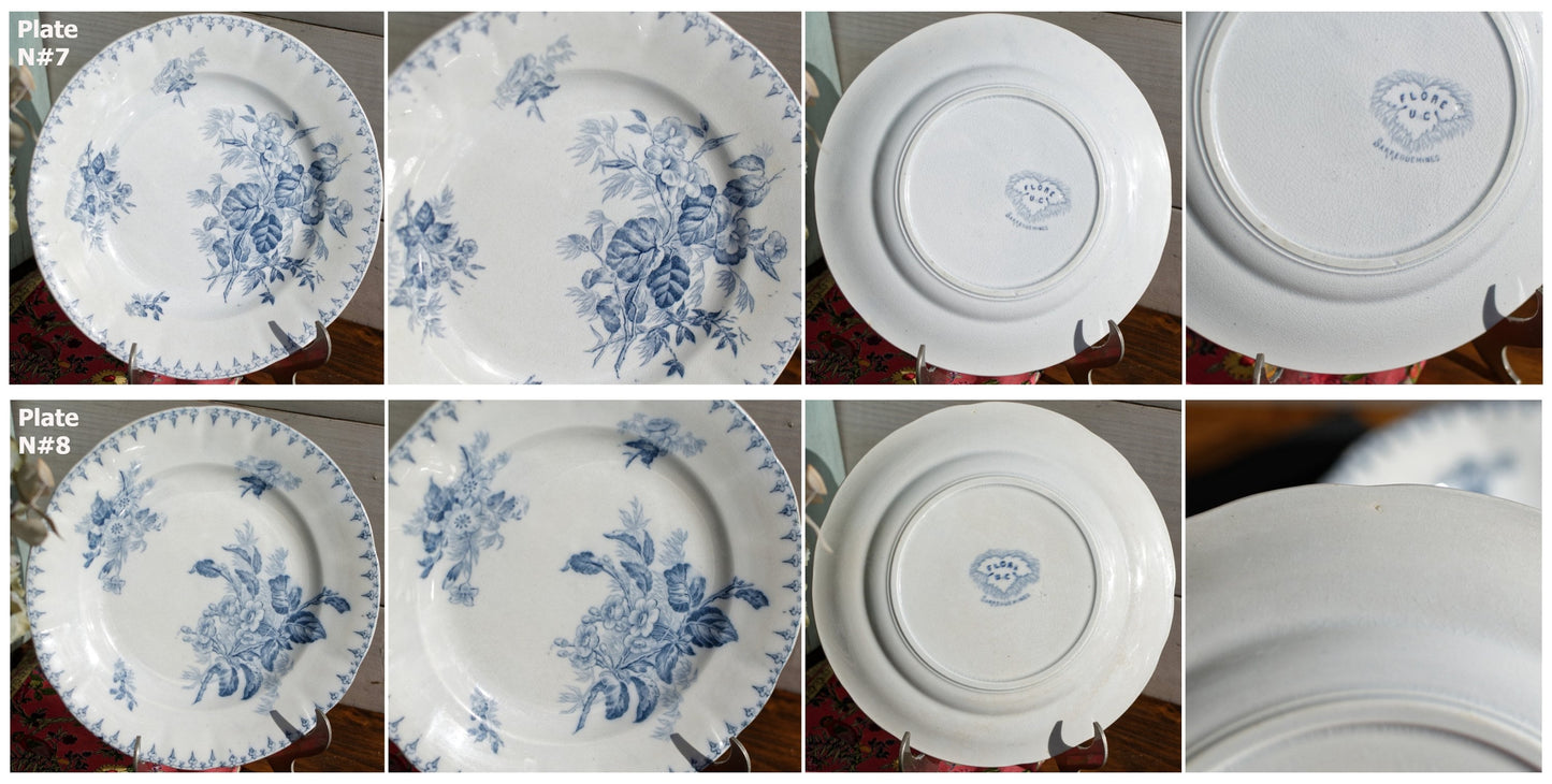 French Antique Ironstone Blue Transferware Dinner Plate FLORE Sarreguemines U&C Terre de fer